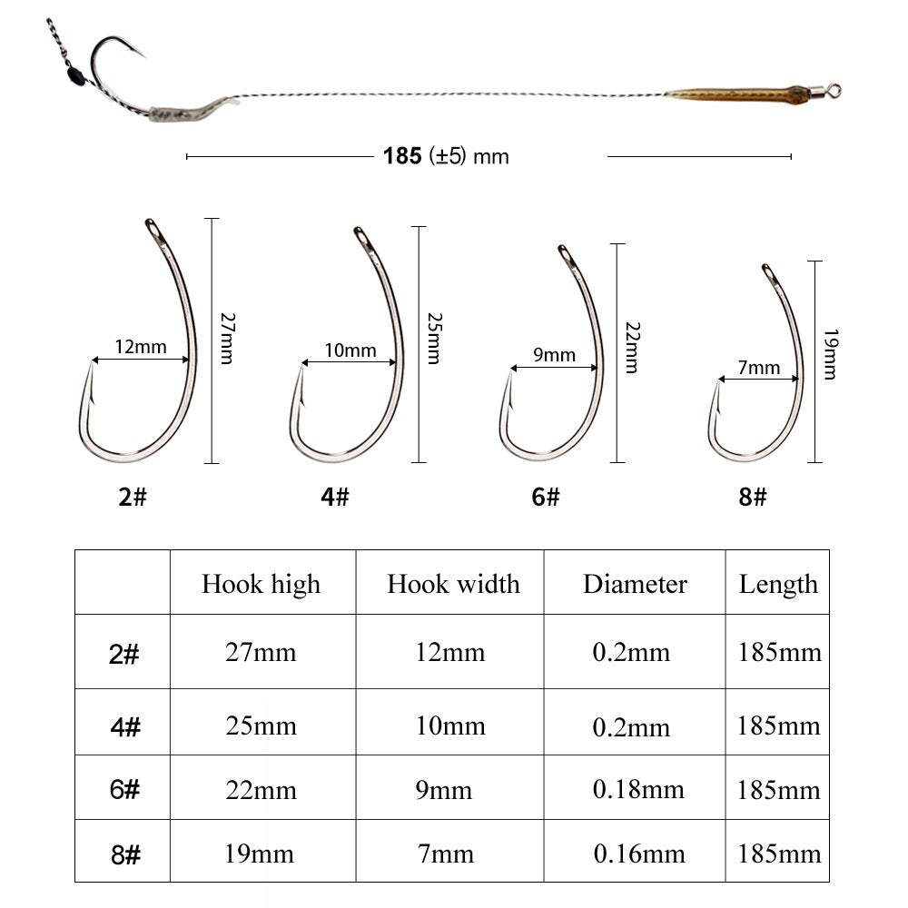 18.5cm 6-8pcs Leader Carp Fishing Hooks Hair Rigs With Line 30-60lb