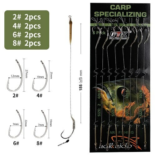 18.5cm 6-8pcs Leader Carp Fishing Hooks Hair Rigs With Line 30-60lb