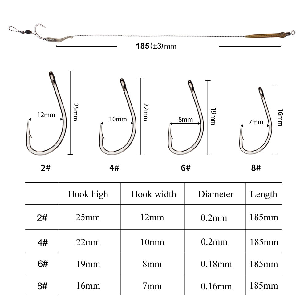 18.5cm 6-8pcs Leader Carp Fishing Hooks Hair Rigs With Line 30-60lb