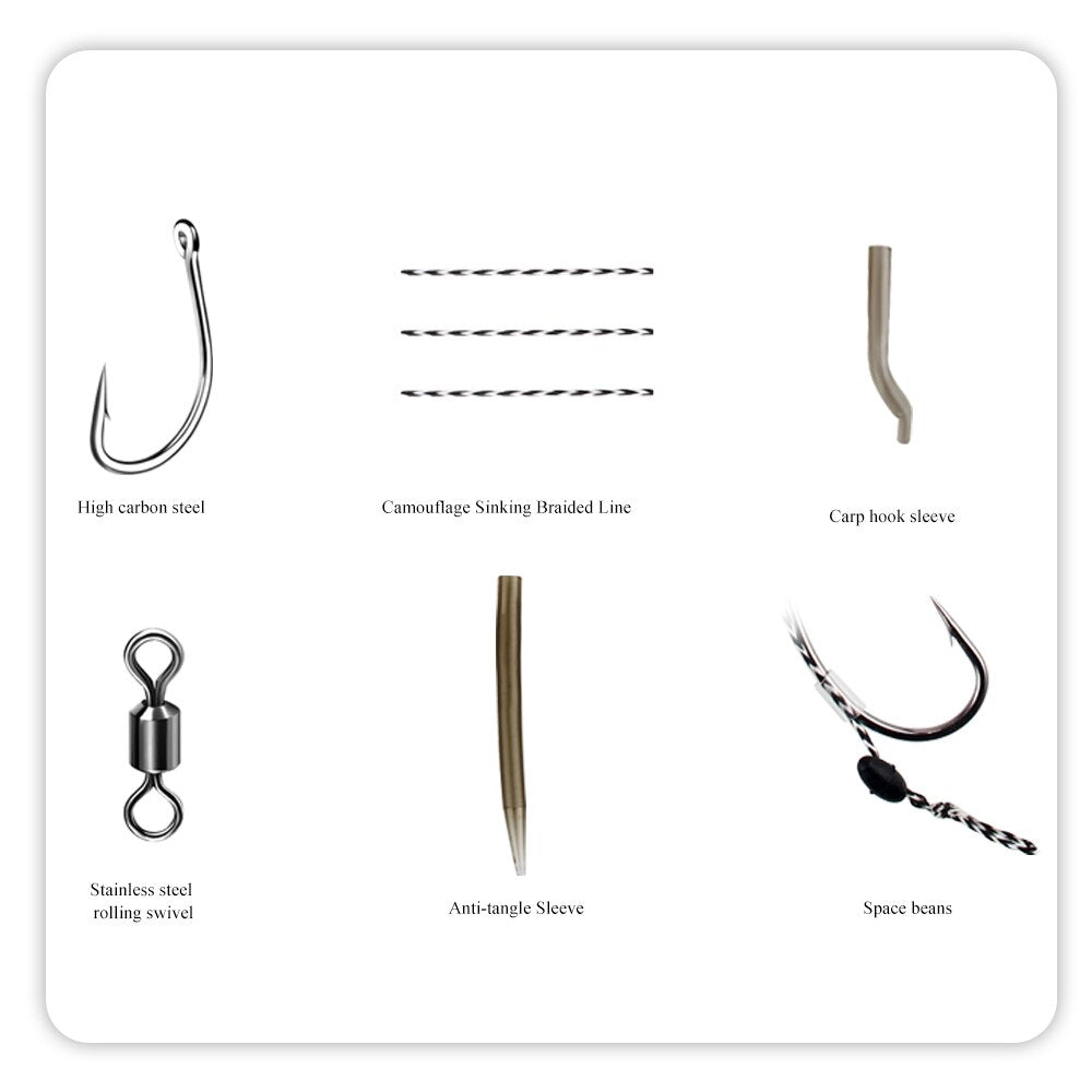 18.5cm 6-8pcs Leader Carp Fishing Hooks Hair Rigs With Line 30-60lb