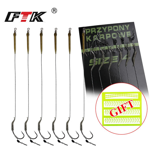 18.5cm 6-8pcs Leader Carp Fishing Hooks Hair Rigs With Line 30-60lb