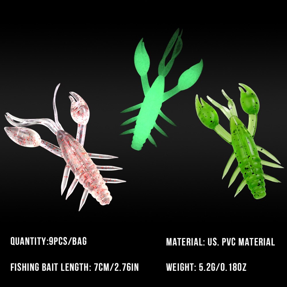 9Pcs 5g 7CM Glow Shrimp Crayfish Fishing Soft Lure Pesca Bass Fishing