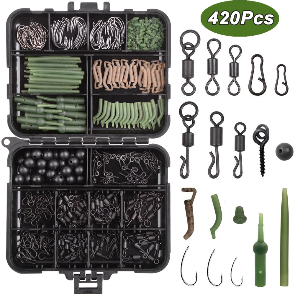 420Pcs/Box Carp Fishing Tackle Kit Including Swivels Hooks Anti Tangle Sleeves Hook Stop Beads Boilie Bait Screw Accessories