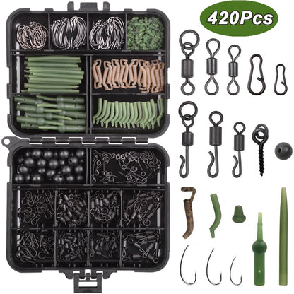 420Pcs/Box Carp Fishing Tackle Kit Including Swivels Hooks Anti Tangle Sleeves Hook Stop Beads Boilie Bait Screw Accessories