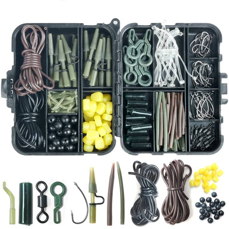 1Set Assorted Carp Fishing Set Tackle Box Leader Clips Beads Hooks Tubes Swivels Baiting Terminal Rigs Fishing Tools