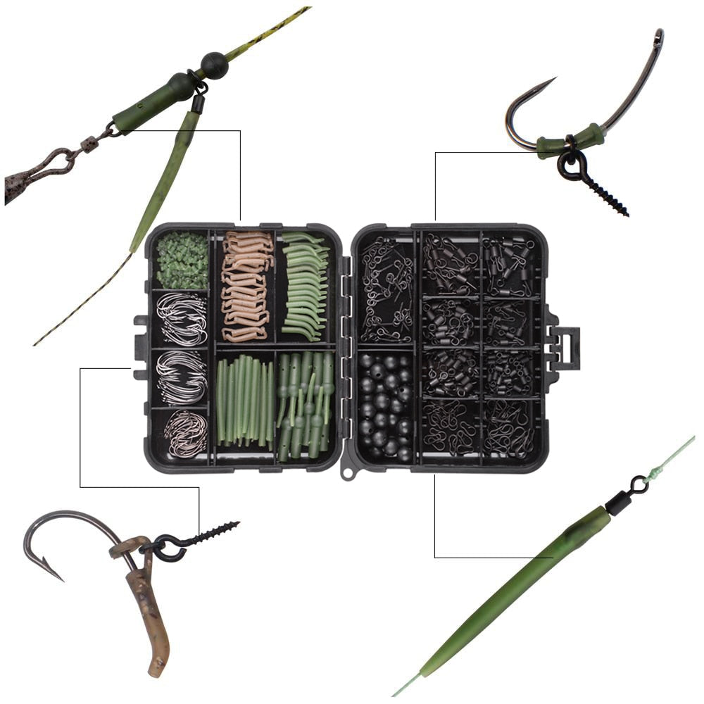 420Pcs/Box Carp Fishing Tackle Kit Including Swivels Hooks Anti Tangle Sleeves Hook Stop Beads Boilie Bait Screw Accessories